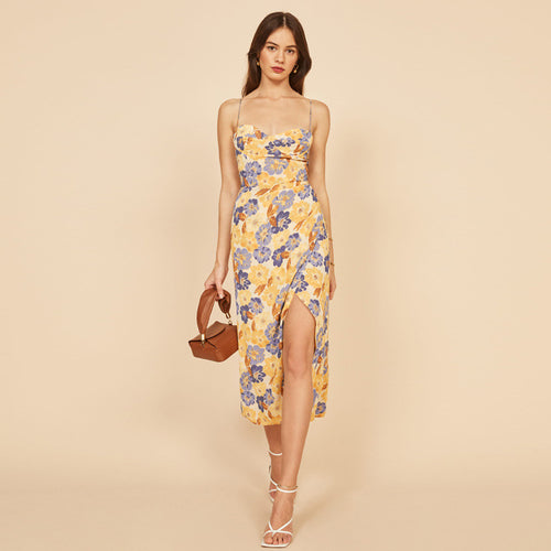 Violet Print Suspender Long Dress Dress Women - happyshop365247