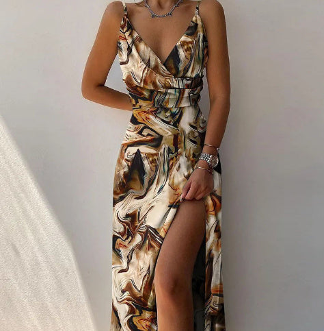 V-neck Slit Sling Dress Summer Fashion Sexy Slim Suspender Dresses For Women Clothing - happyshop365247