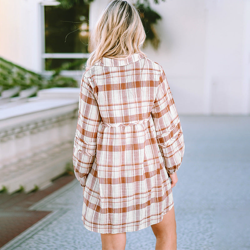 Plaid Dress Fall Women's Clothing Long Sleeve Loose - happyshop365247