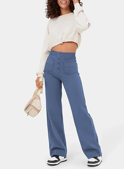 New Fall Women's Clothing High Waist Pocket Wide Leg Button Casual Baggy Straight Trousers Trousers - happyshop365247