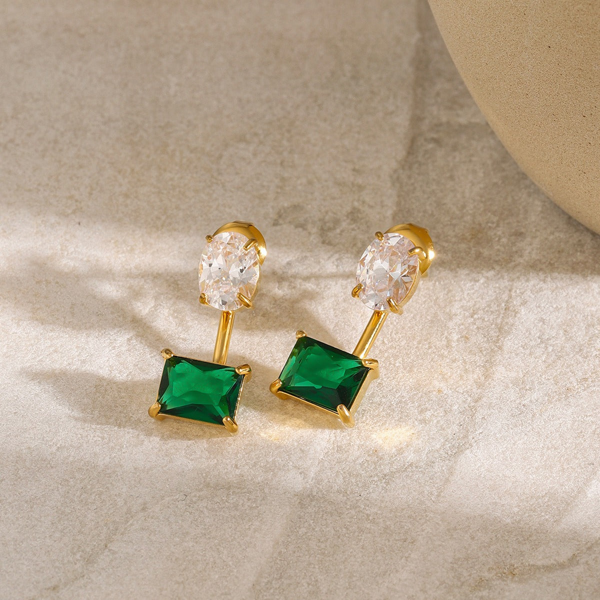 18K gold exquisite dazzling oval and square gemstone design earrings - happyshop365247