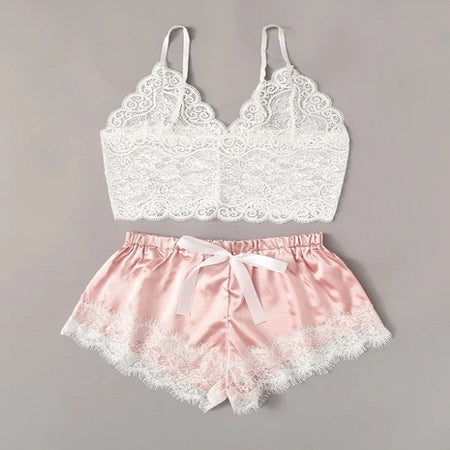 Lace Stitching Lace-up Lingerie 3-piece Set