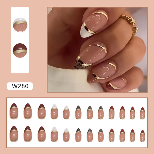 Almond Nail Shiny Gold Foil Color-blocking Leopard Print White Fake Nails - happyshop365247