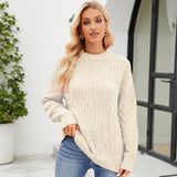 Casual Round-neck Pullover Sweater Fall Winter Solid Color Cable-knot Pattern Tops Women Clothing - happyshop365247