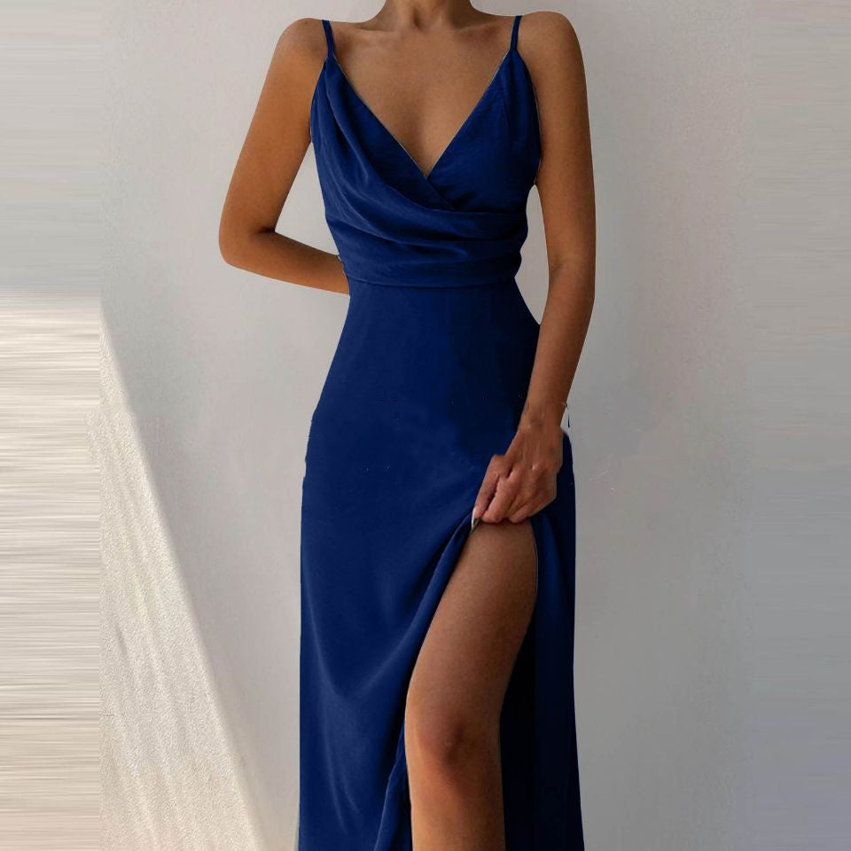V-neck Slit Sling Dress Summer Fashion Sexy Slim Suspender Dresses For Women Clothing - happyshop365247