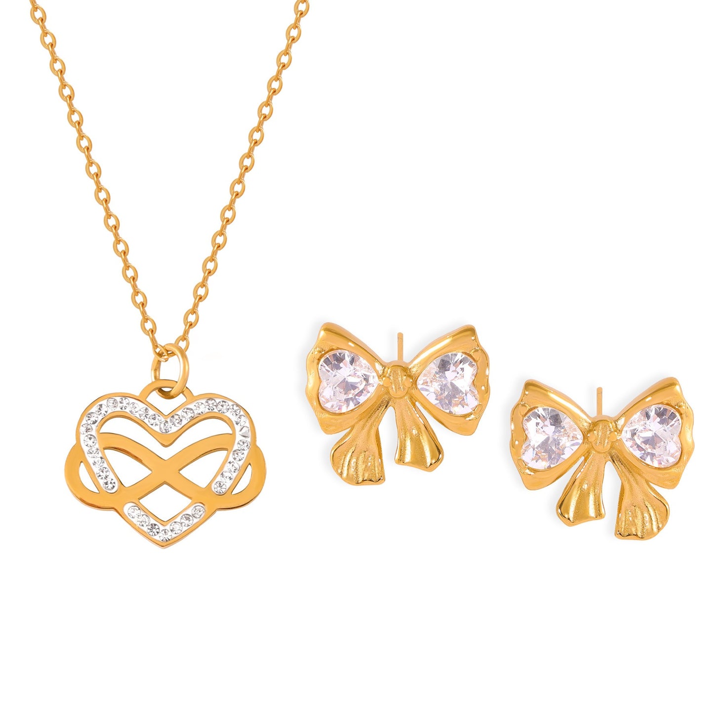 18k gold noble and light luxury bow inlaid with diamonds/heart with winding design earrings and necklace set - happyshop365247
