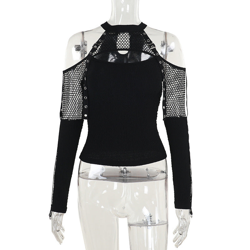 Fishing net splicing off shoulder long sleeved top for women