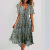 Chiffon Printed Short Sleeve Dress Summer Elegant V-neck Dresses Womens Clothing - happyshop365247