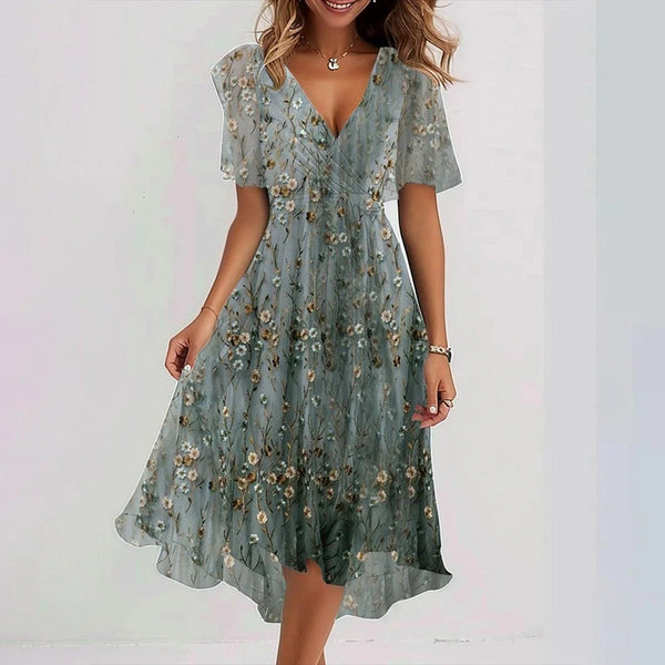 Chiffon Printed Short Sleeve Dress Summer Elegant V-neck Dresses Womens Clothing - happyshop365247