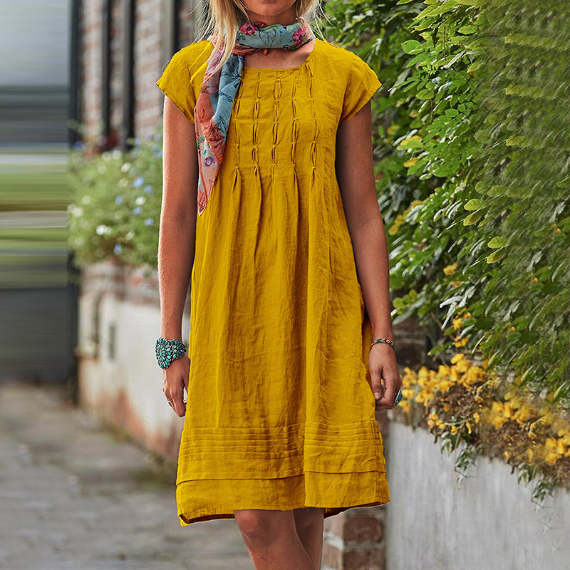 Fashion U-neck Short Sleeve Dress Summer Solid Straight Dresses Womens Clothing - happyshop365247