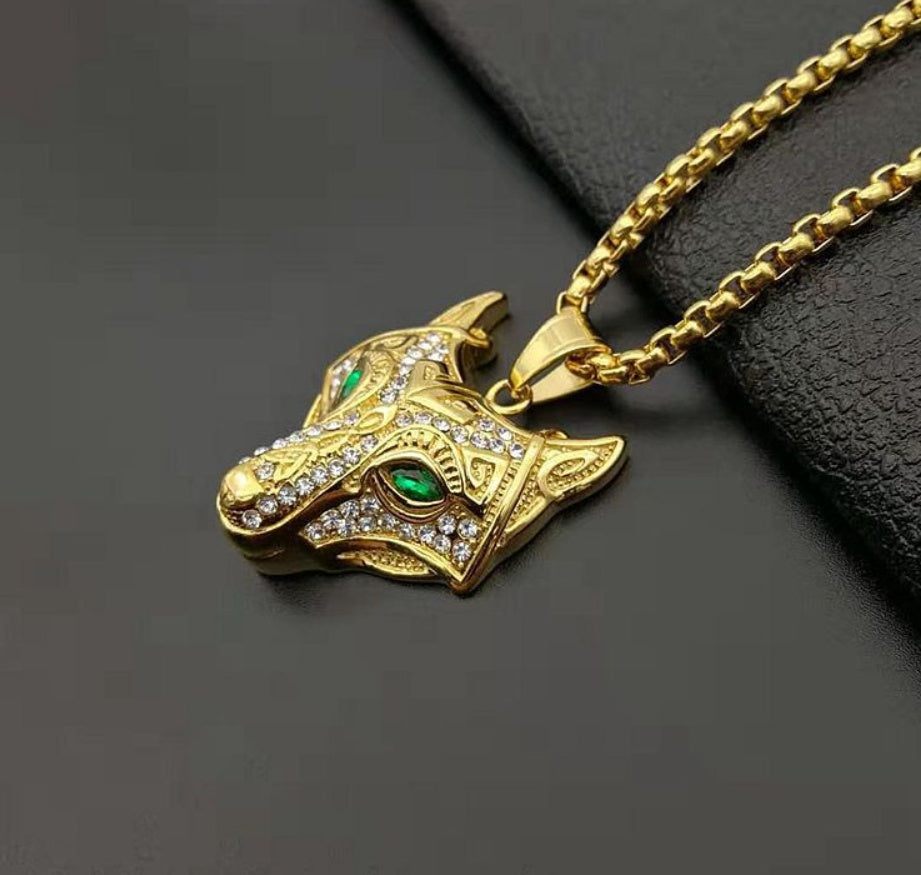 Men Stainless Steel Necklace Gold Color Viking Wolf Head Necklace Pendant With Chain Iced Out Norse Talisman Ethnic Jewelry - happyshop365247