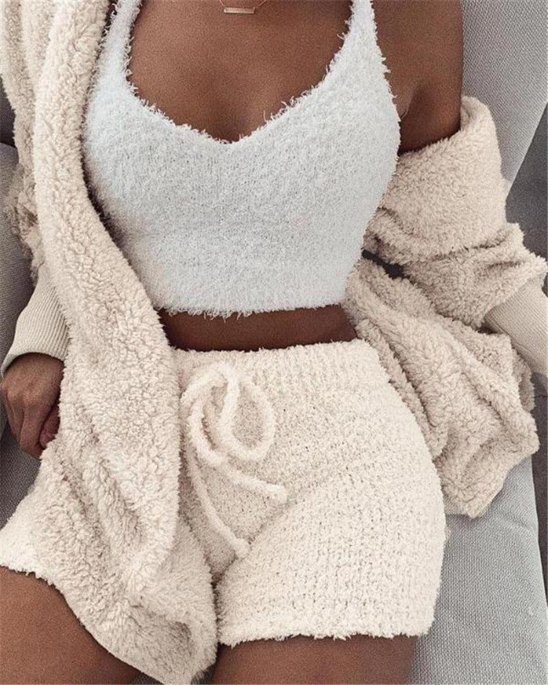 3pcs Womens Clothing Long Sleeve Crop Tank Top And Drawstring Shorts Pajama Set - happyshop365247