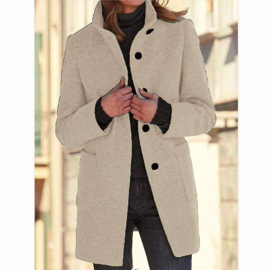 Fashion Stand Collar Woolen Coat With Pockets Fall Winter Casual Button Outwear For Women Clothing - happyshop365247