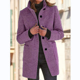 Fashion Stand Collar Woolen Coat With Pockets Fall Winter Casual Button Outwear For Women Clothing - happyshop365247