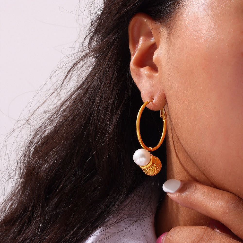 18K gold exquisite noble hammer pattern ball splicing pearl design light luxury style earrings necklace set - happyshop365247