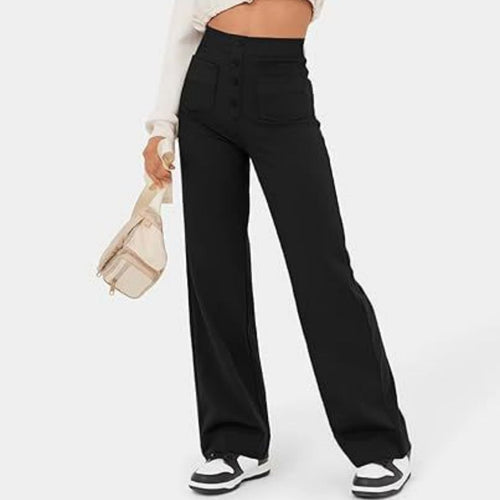 New Fall Women's Clothing High Waist Pocket Wide Leg Button Casual Baggy Straight Trousers Trousers