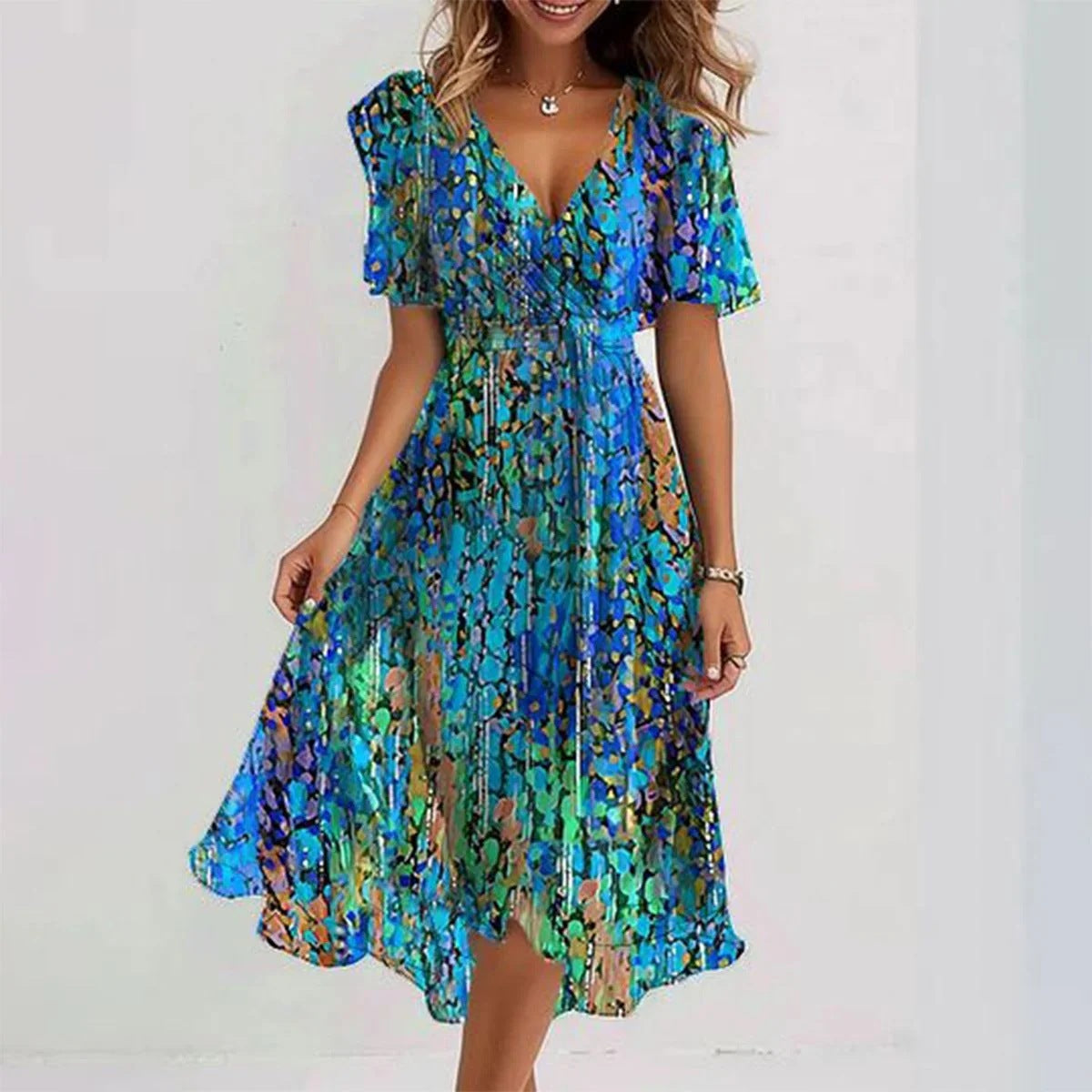 Chiffon Printed Short Sleeve Dress Summer Elegant V-neck Dresses Womens Clothing - happyshop365247