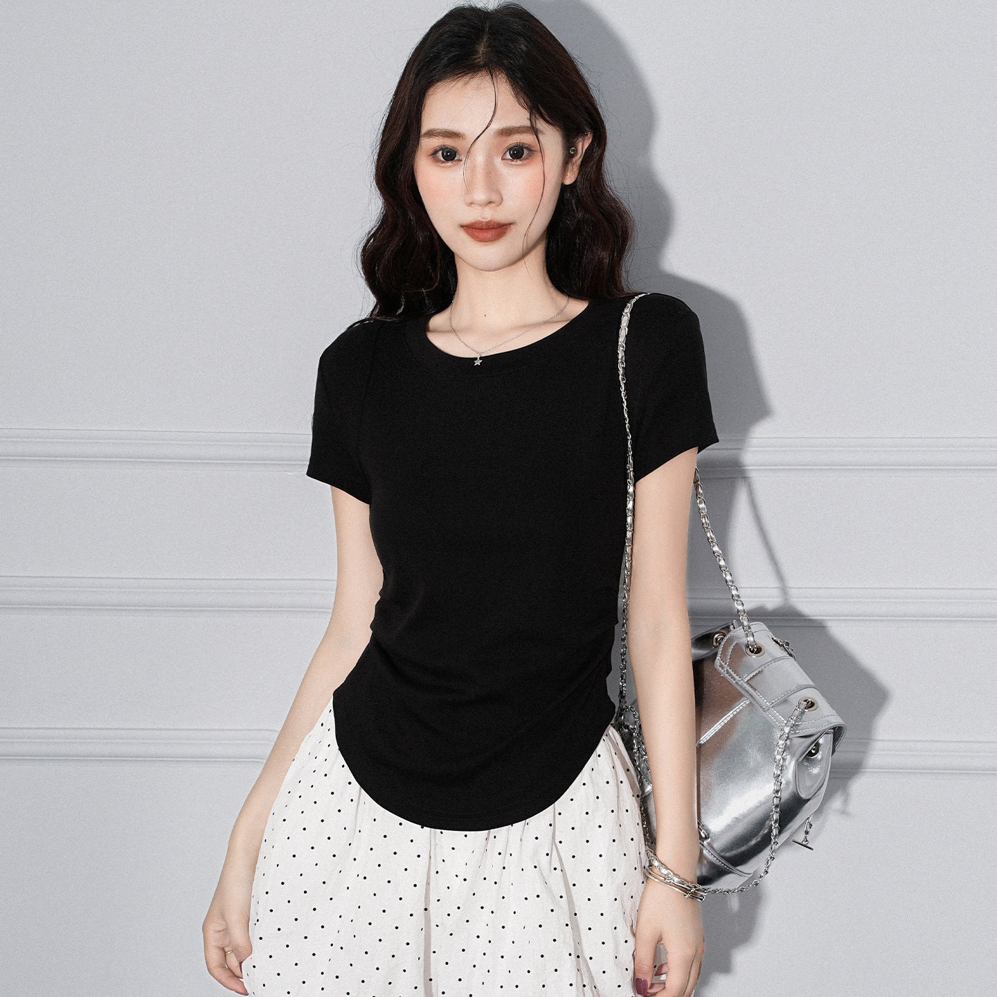 Round Neck Pleated Irregular Hem Short Sleeve T-Shirt for Women