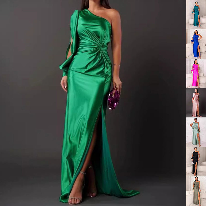 Women's One-shoulder Split Dress Ins Fashion Long-sleeved Slim Long Dresses Party Evening Clothing - happyshop365247