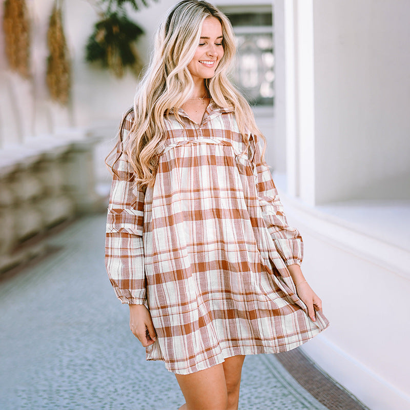 Plaid Dress Fall Women's Clothing Long Sleeve Loose - happyshop365247