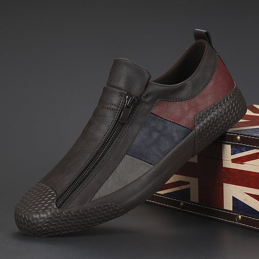 Autumn men's shoes: -style casual shoes, one-foot lazy shoes, zipper leather shoes, color-blocked trendy shoes, flat board shoes for men - happyshop365247