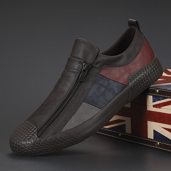 Autumn men's shoes: -style casual shoes, one-foot lazy shoes, zipper leather shoes, color-blocked trendy shoes, flat board shoes for men