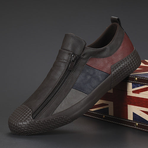 Autumn men's shoes: -style casual shoes, one-foot lazy shoes, zipper leather shoes, color-blocked trendy shoes, flat board shoes for men