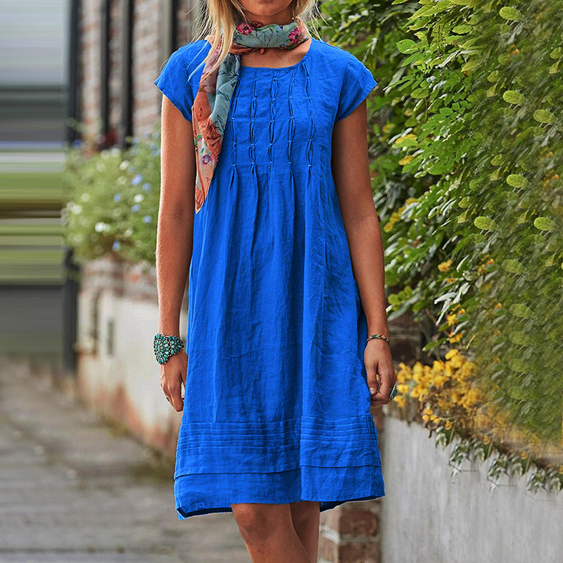 Fashion U-neck Short Sleeve Dress Summer Solid Straight Dresses Womens Clothing - happyshop365247