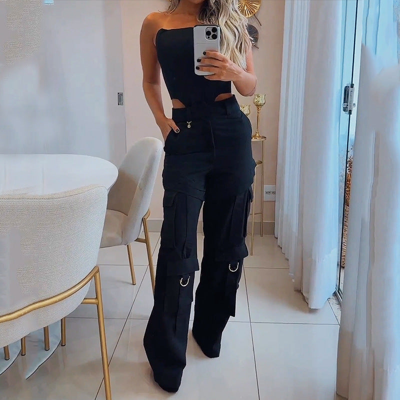 Fall Beauty Clothing Fashion Halter Top Loose Trousers Two-piece Set - happyshop365247