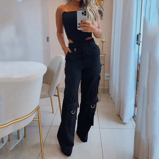 Fall Beauty Clothing Fashion Halter Top Loose Trousers Two-piece Set - happyshop365247