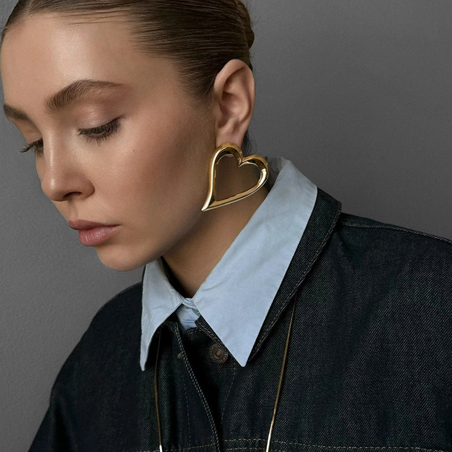 18K gold light luxury noble heart with line design earrings and necklace set - happyshop365247