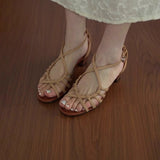 Soft leather version ~ Elegant woven hollowed-out one-line open-toe thick-heeled sandals, fairy vacation style Roman shoes for women