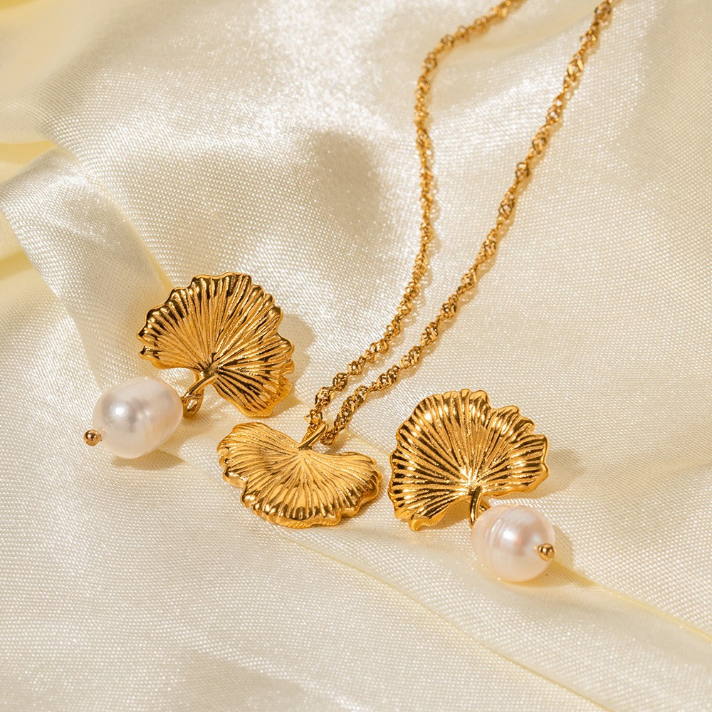 18K gold noble and elegant ginkgo with pearl design light luxury style earrings and necklace set - happyshop365247