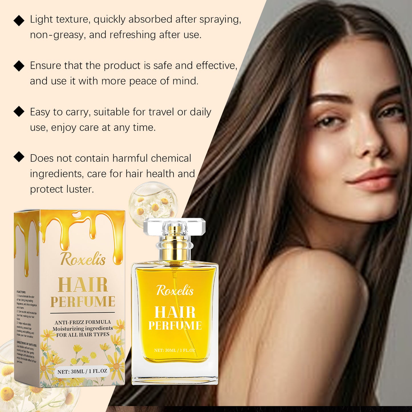 Roxelis Chamomile Honey Perfume Floral Women's Hair Perfume Spray Moisturizing Hair Strands Moisturizing Hydrating Hair Care