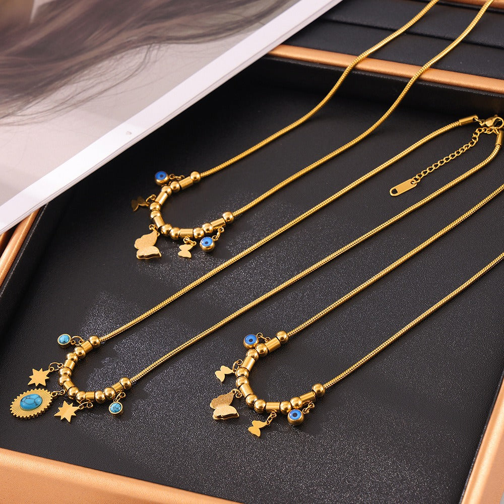 18K gold exquisite and noble butterfly/gemstone-inlaid design light luxury style necklace - happyshop365247