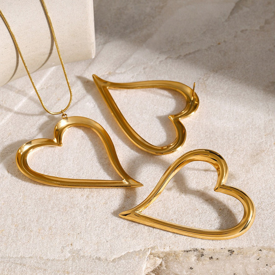 18K gold light luxury noble heart with line design earrings and necklace set - happyshop365247