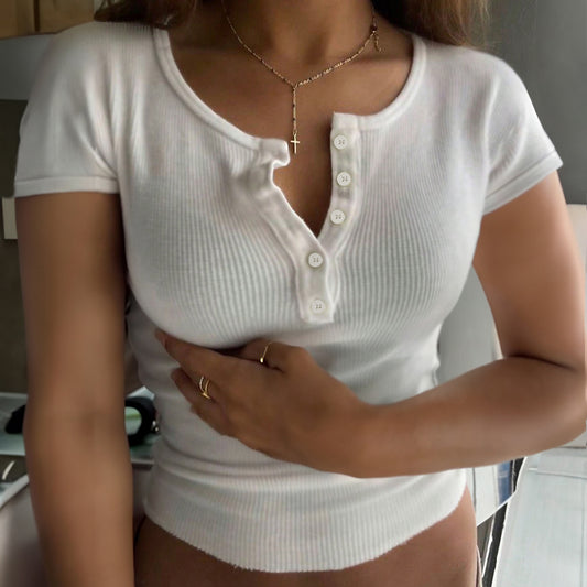 Y2g Sexy Buttons V-neck Short-sleeved Top T-shirt - happyshop365247