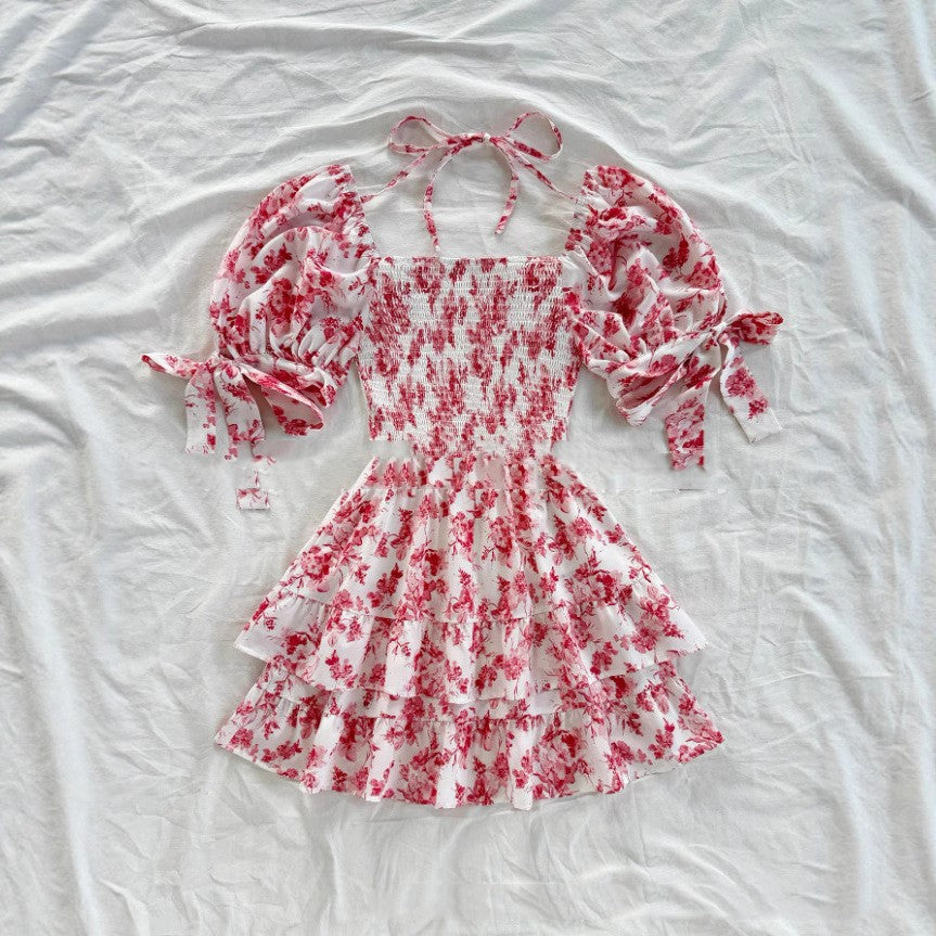 Short Sleeve Waist-controlled Ruffled Sleeve Pleated A- Line Jumpsuit - happyshop365247