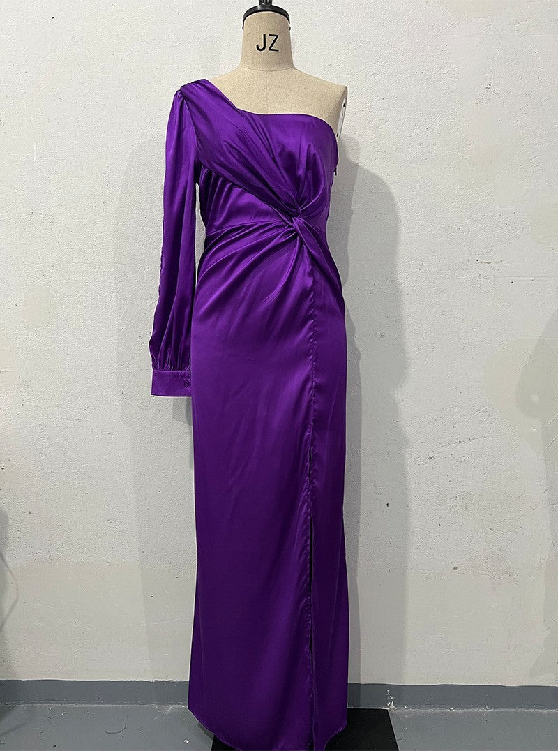 Women's One-shoulder Split Dress Ins Fashion Long-sleeved Slim Long Dresses Party Evening Clothing - happyshop365247