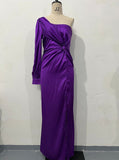 Women's One-shoulder Split Dress Ins Fashion Long-sleeved Slim Long Dresses Party Evening Clothing
