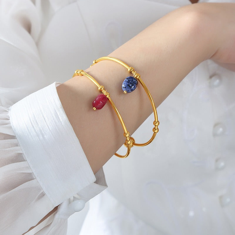 18K gold round shape with gemstone pendant design light luxury simple open bracelet - happyshop365247