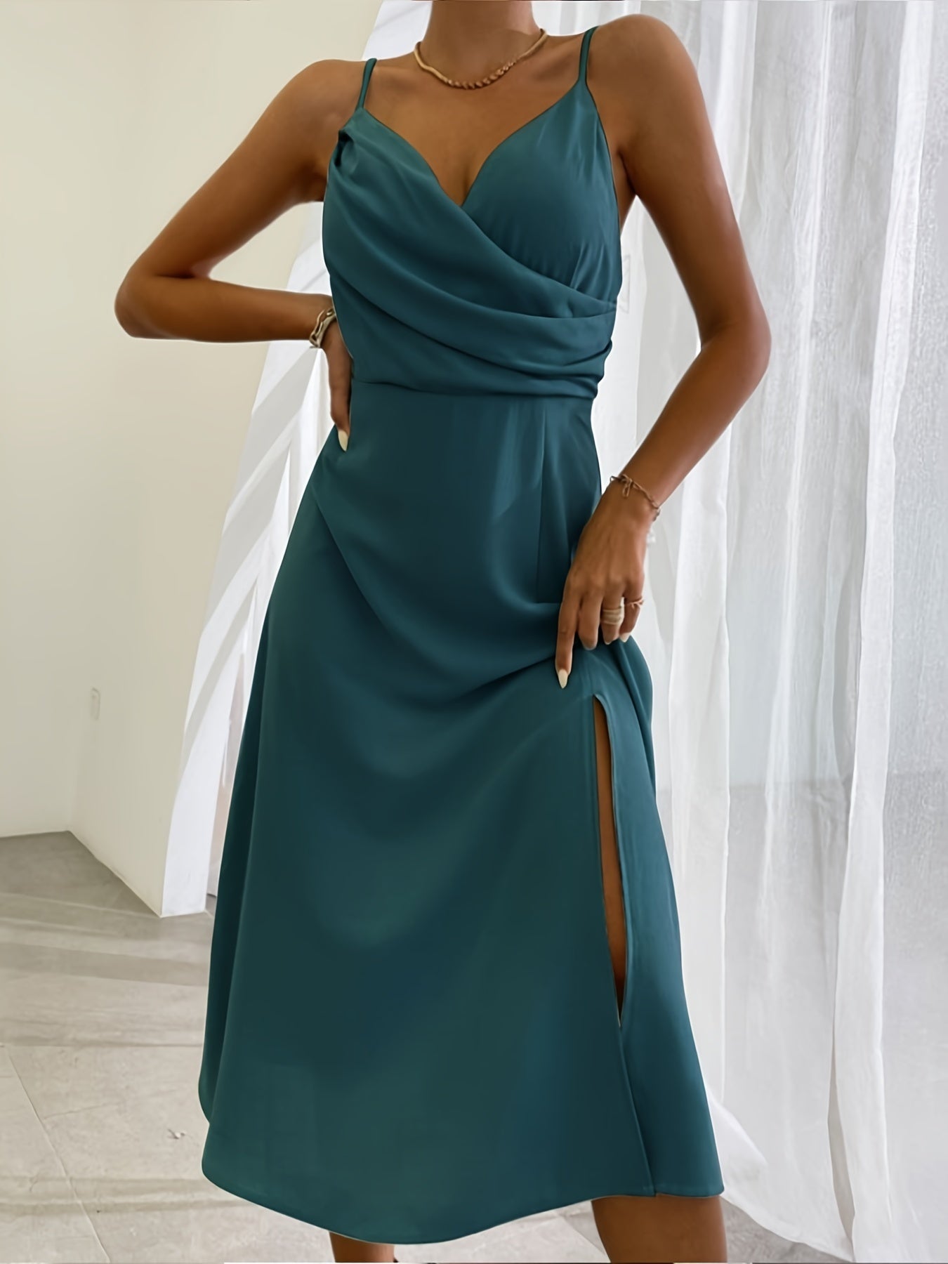 V-neck Slit Sling Dress Summer Fashion Sexy Slim Suspender Dresses For Women Clothing - happyshop365247