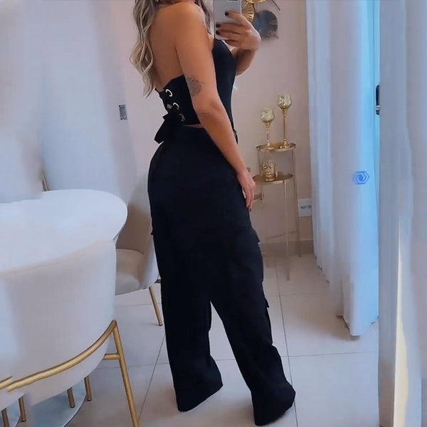 Fall Beauty Clothing Fashion Halter Top Loose Trousers Two-piece Set - happyshop365247