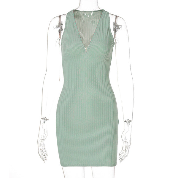 Women Stripe Knitted Women Sleeveless Mini Dress - happyshop365247