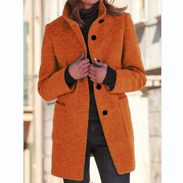 Fashion Stand Collar Woolen Coat With Pockets Fall Winter Casual Button Outwear For Women Clothing - happyshop365247