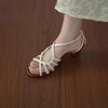 Soft leather version ~ Elegant woven hollowed-out one-line open-toe thick-heeled sandals, fairy vacation style Roman shoes for women