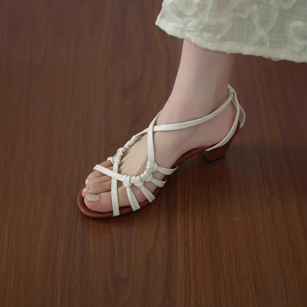 Soft leather version ~ Elegant woven hollowed-out one-line open-toe thick-heeled sandals, fairy vacation style Roman shoes for women