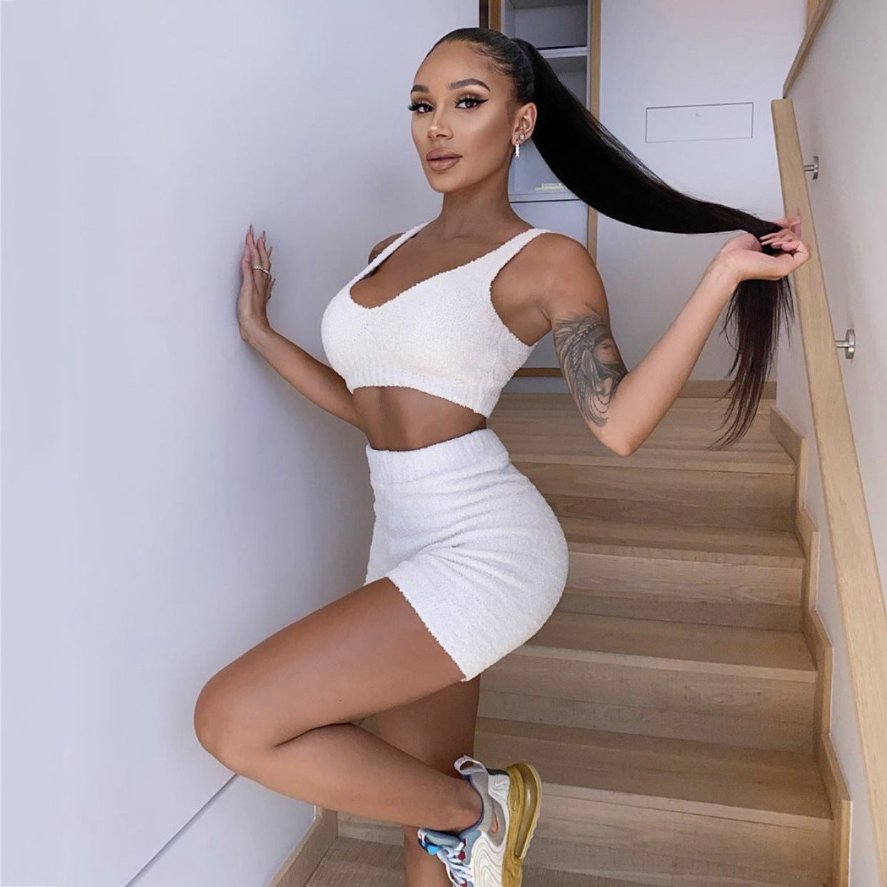 3pcs Womens Clothing Long Sleeve Crop Tank Top And Drawstring Shorts Pajama Set - happyshop365247