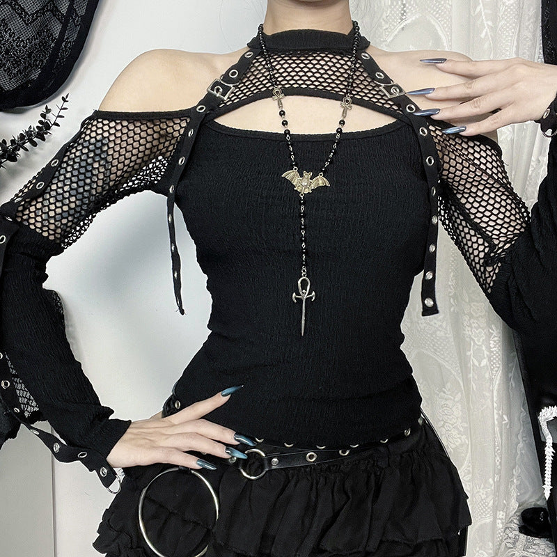 Fishing net splicing off shoulder long sleeved top for women