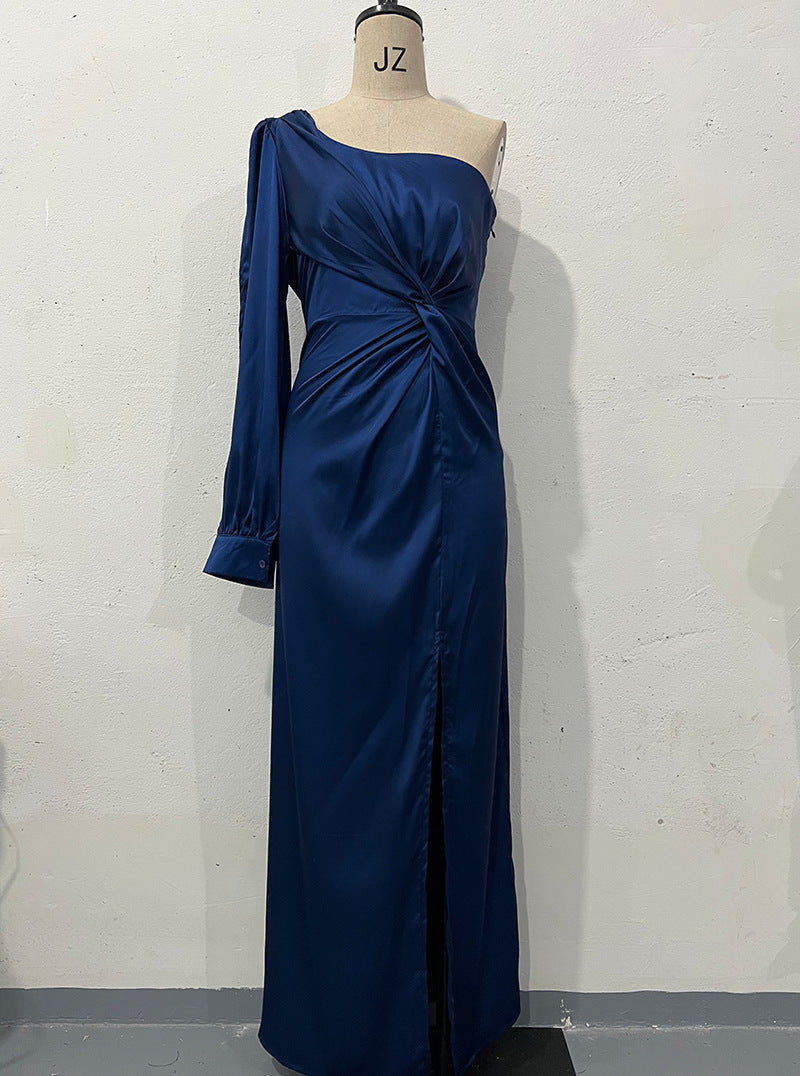 Women's One-shoulder Split Dress Ins Fashion Long-sleeved Slim Long Dresses Party Evening Clothing - happyshop365247